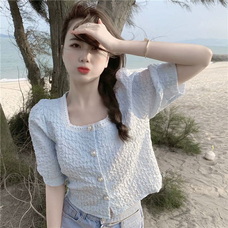 ÁO CỔ VUÔNG DÁNG NGẮN TAY BỒNG VẢI XỐP NỔI 2 MÀU HOT HIT