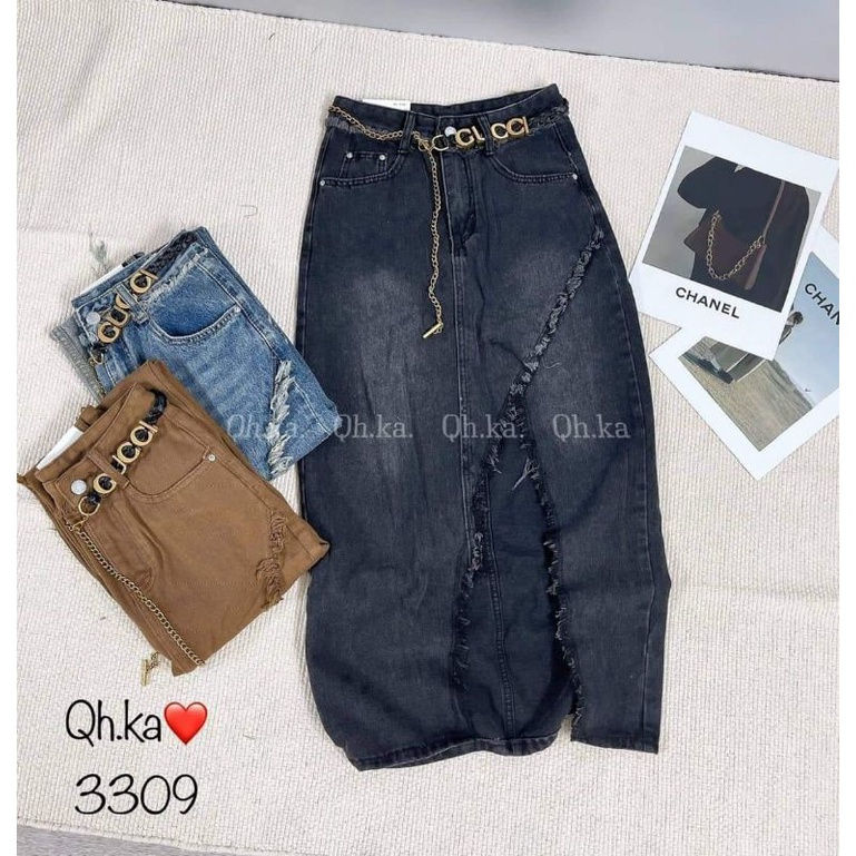 Chân váy jeans xẻ đai xích chữ hàng QCL1