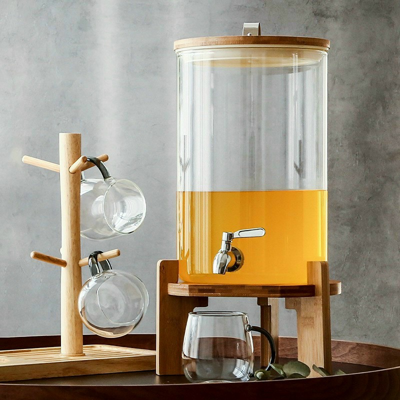BÌNH THỦY TINH ĐẾ GỖ VÒI TRẮNG INOX CAO CẤP CHỊU NHIỆT NÓNG LẠNH 400 ĐỘ