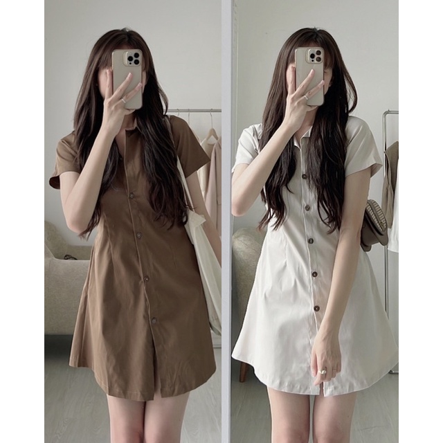 V729 Váy sơ mi AUDREY cài cúc chiết eo lưng chun ngắn tay nhiều màu dáng basic Hàn Quốc