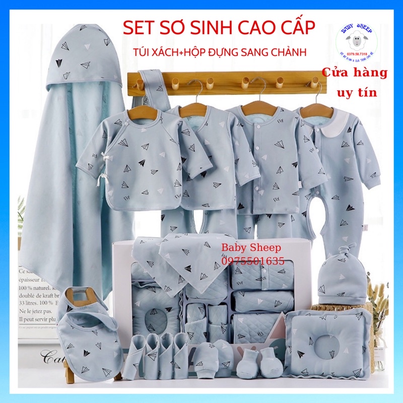 (HÀNG CAO CẤP) Set đồ sơ sinh quà tặng cho bé 22 chi tiết coton có hộp sang chảnh