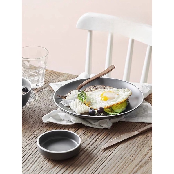 Bộ bát đĩa xám men mờ viền trắng phong cách Bắc Âu