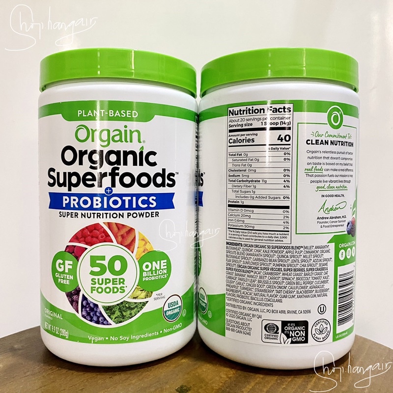 Bột siêu dinh dưỡng hỗ trợ tiêu hóa và miễn dịch Orgain Organic Superfoods Probiotics super nutrition original flavored