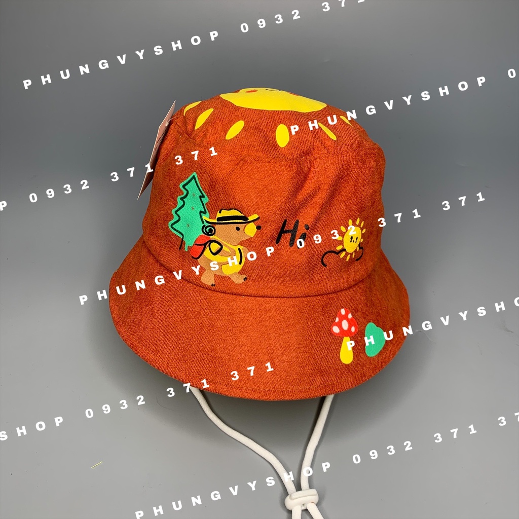 Bé 2.5-6 Tuổi/ VĐ 52cm_Mũ bucket tai bèo trai gái BO TRUNG IN BẠN GẤU ĐI CÂU CÁ CẮM TRẠI- Nón vành