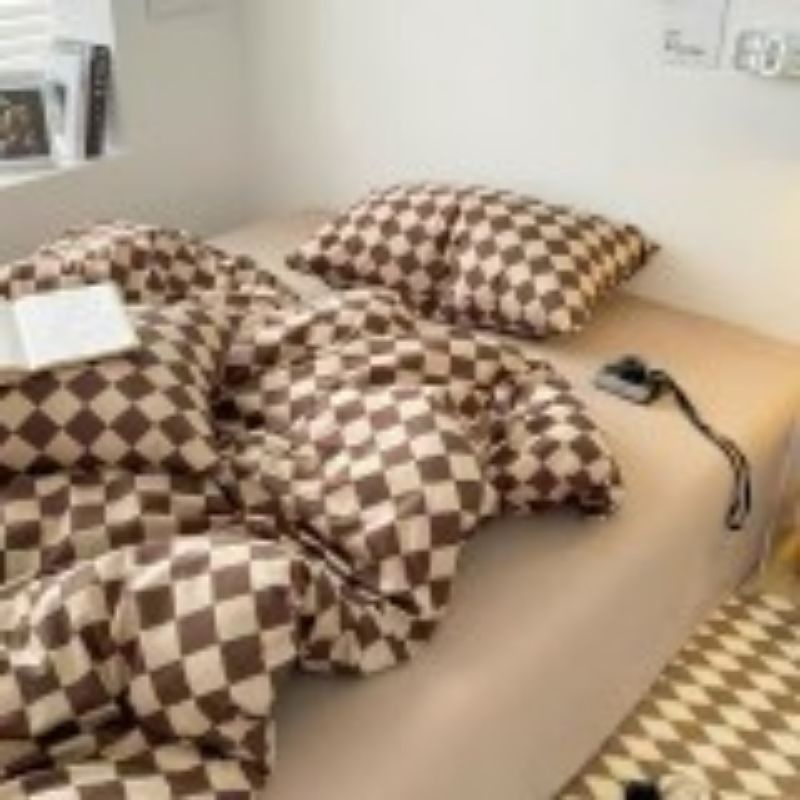Bộ vỏ chăn ga gối cotton poly QUY Bedding Caro Nâu Mới. Chăn ga gối phong cách Hàn Quốc