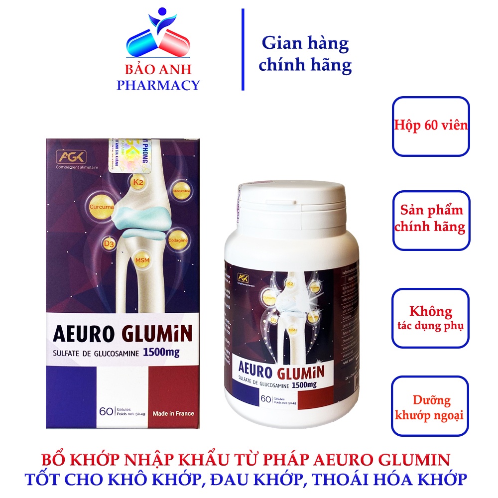Bổ khớp nhập khẩu từ Pháp AEURO GLUMIN – Bổ sung Glucosamin 1500mg Canxi, Vitamin D3, K2 – Hộp 60 viên