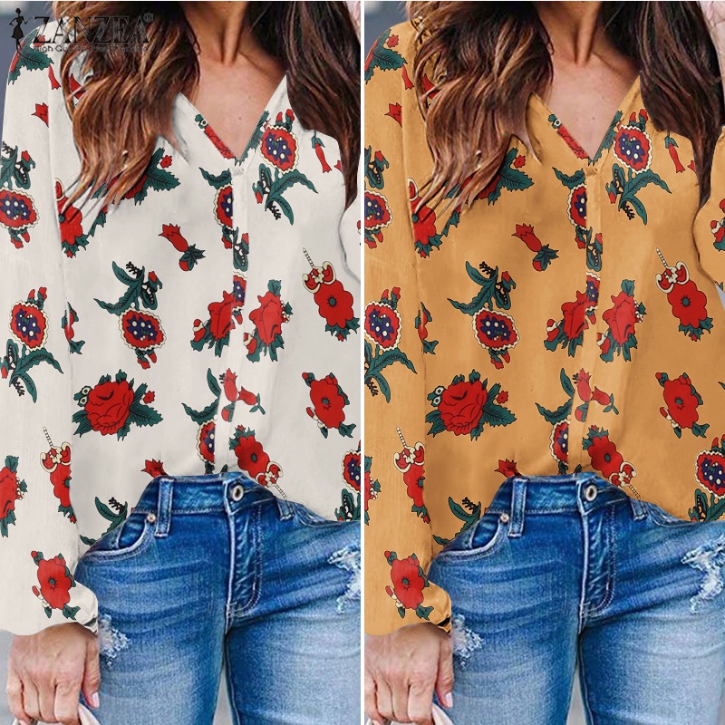 Zanzea Áo Kiểu Tay Dài Cổ Chữ V In Họa Tiết Hoa Thanh Lịch Dành Cho Nữ