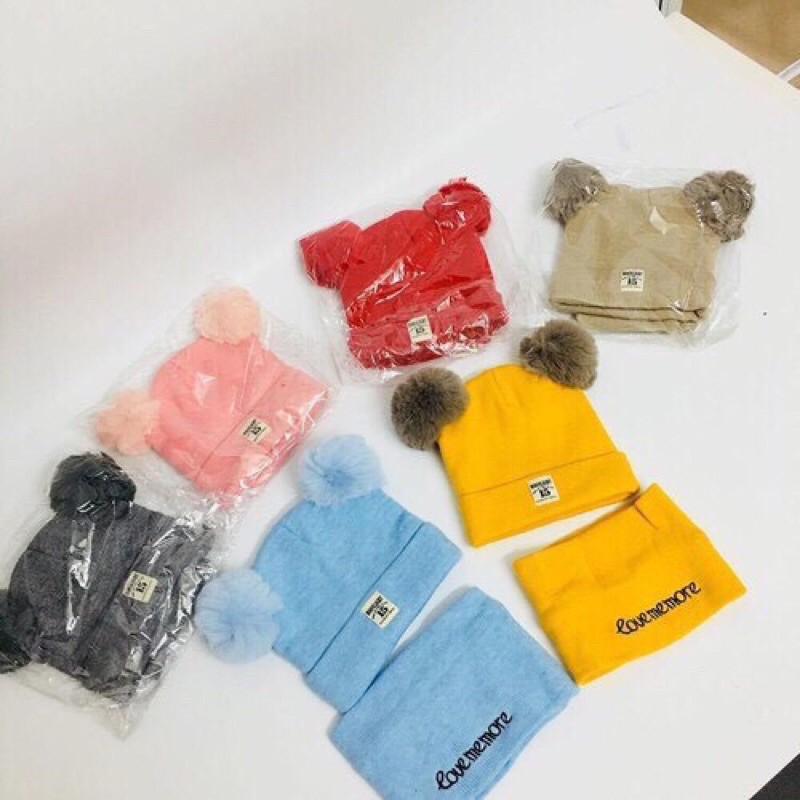 Set mũ kèm khăn len quả bông dày cho bé