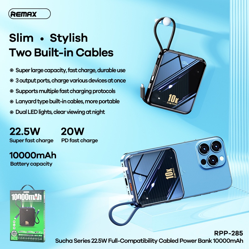 Pin dự phòng sạc nhanh Remax RPP-285 Series Sucha 10000mAh QC 22.5W và PD 20W - tích hợp 2 đèn pin chiếu sáng