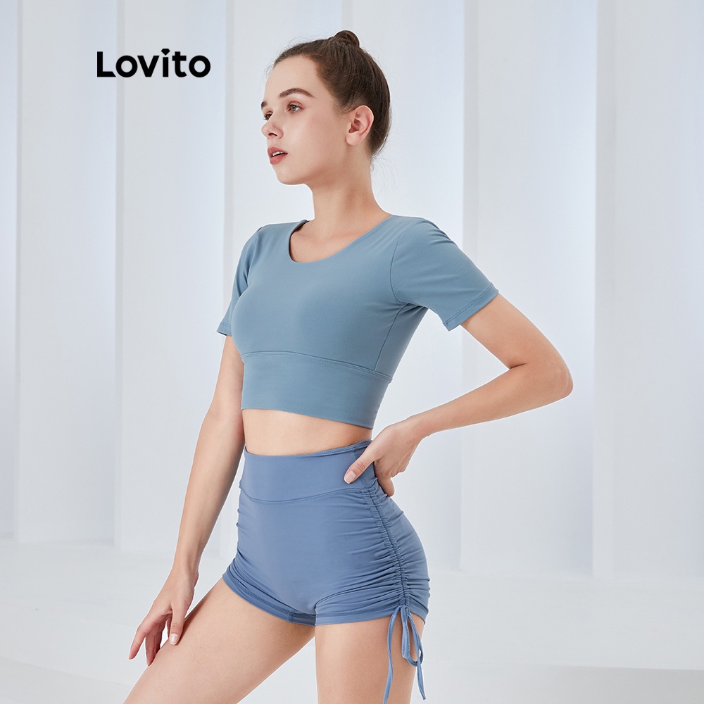 Quần ngắn Lovito thể thao màu trơn dáng skinny có dây rút lưng cao thoáng khí L04008 (xanh dương)