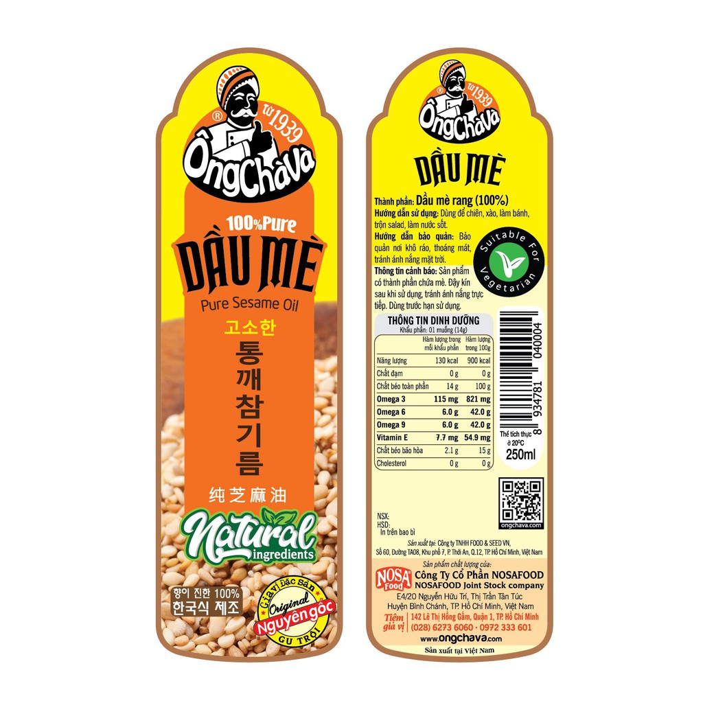 Dầu mè Ông Chà Và 250ml - (nguyên liệu mè trắng)