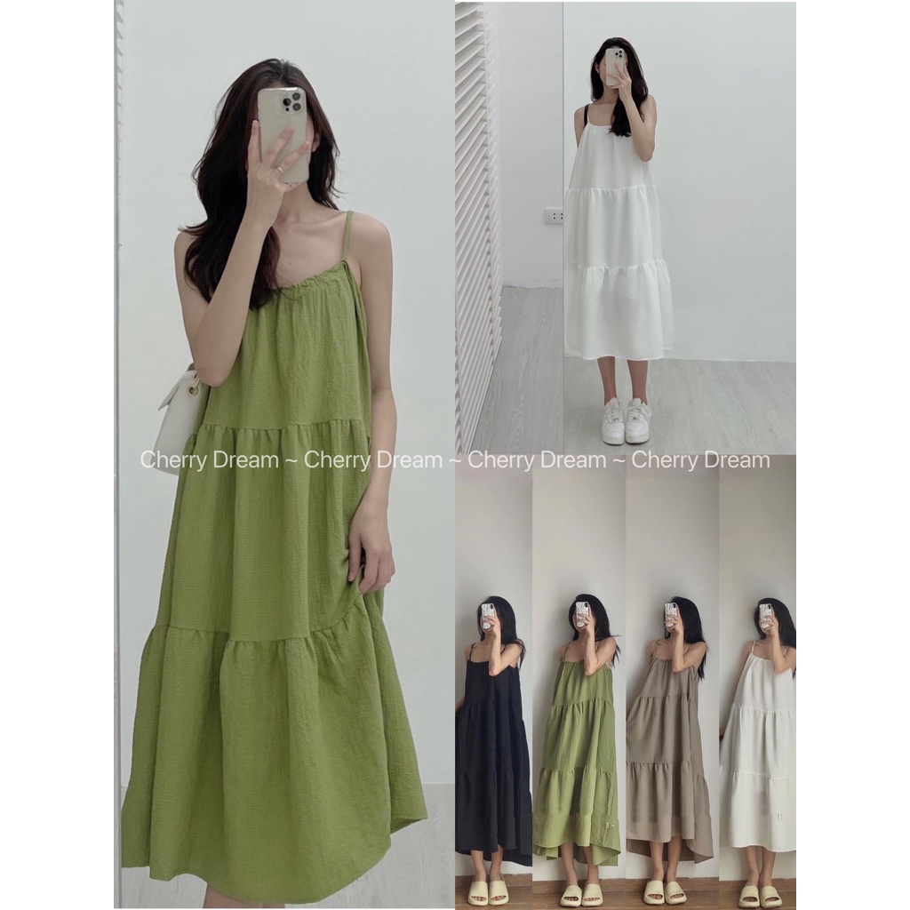 Váy babydoll hai dây dáng dài chất đũi chữ A , Đầm suông dáng xòe Vintage