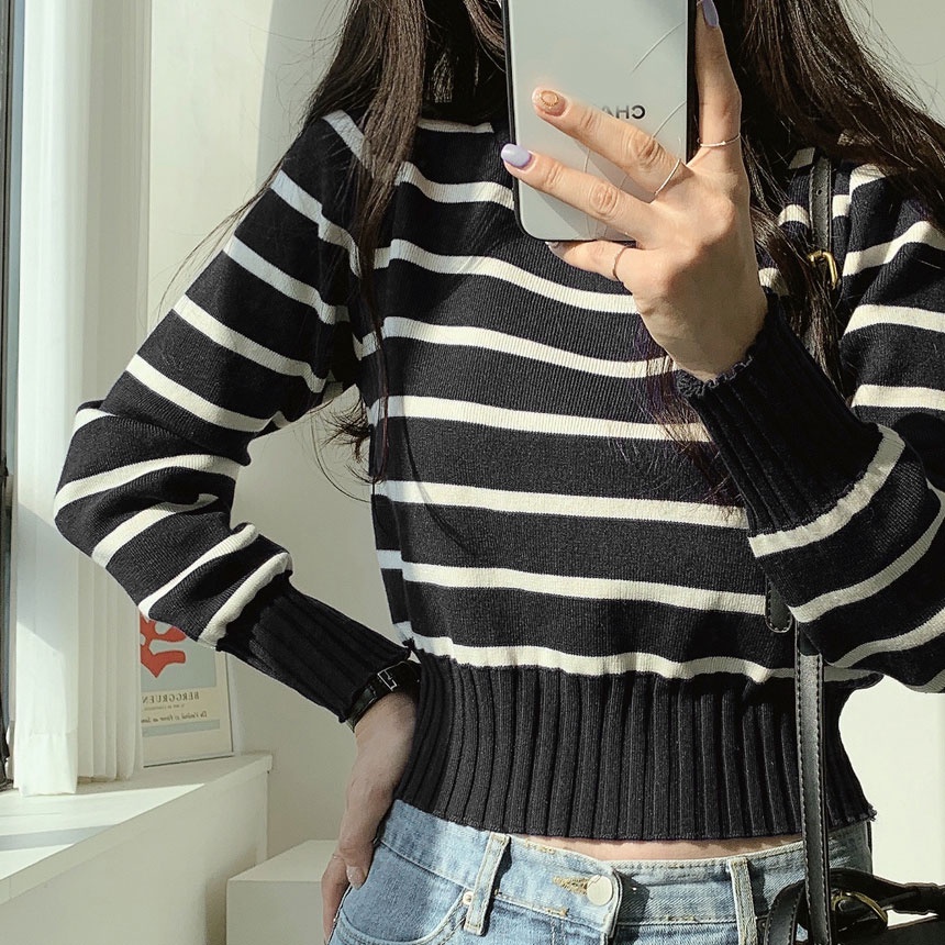 Áo sweater ZHELIHANGFEI dài tay lưng cao họa tiết kẻ sọc ngang phong cách retro