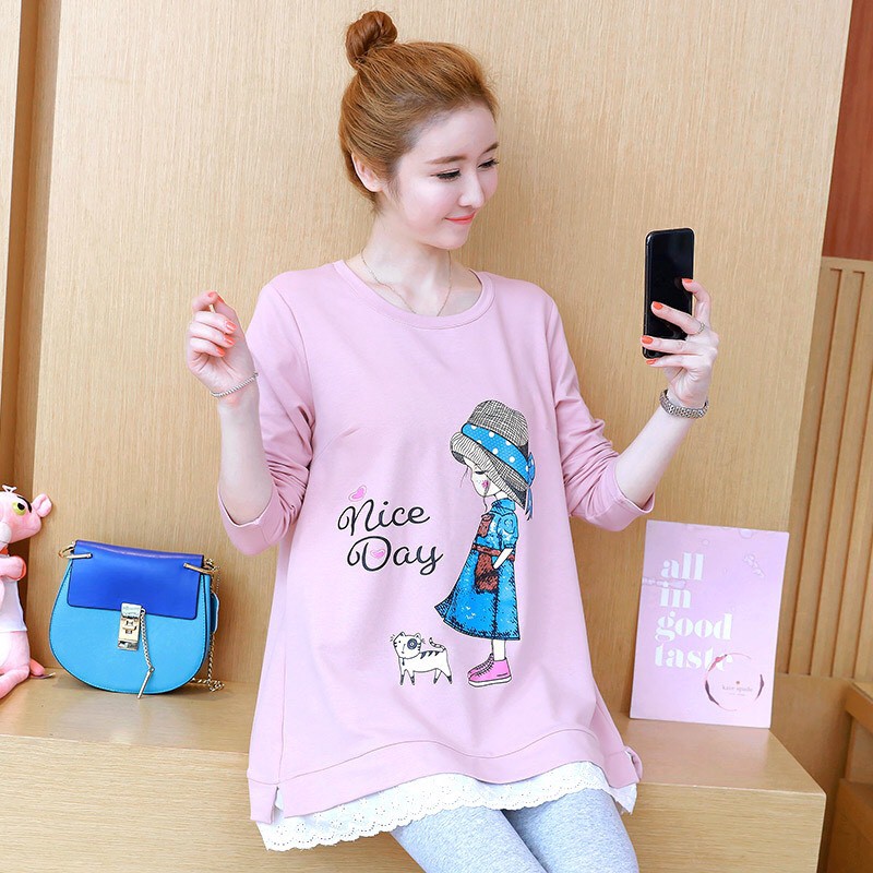 Áo bầu cotton dài tay in hình cô gái cute