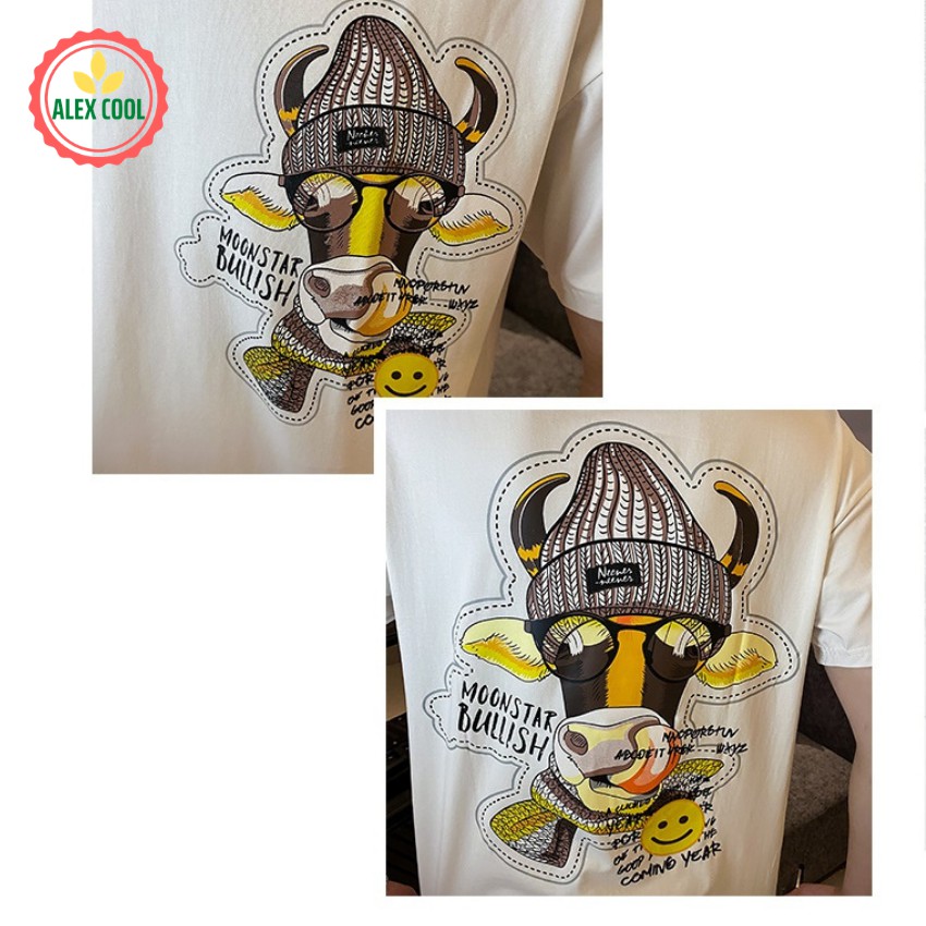 Áo thun nam, áo phông nam tay ngắn cổ tròn chất cotton co giãn 4 chiều hình đầu bò vàng alex cool