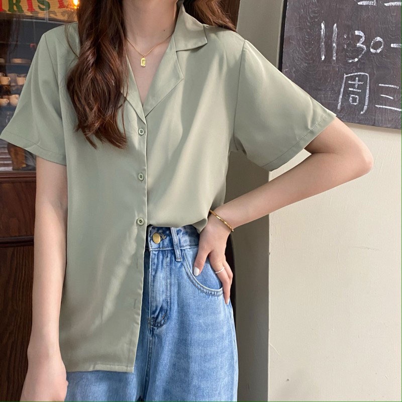 Áo sơ mi tay ngắn cổ vest nữ form rộng đẹp freesize hàn quốc trắng đen kem xanh hồng vintage hàn quốc ylydress C456