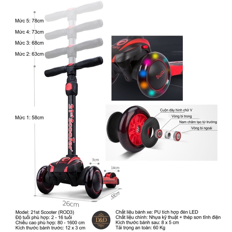 Xe trượt scooter 3 bánh có giảm xóc xịn 21st Scooter ROD3 2020 cho bé từ 2-12 tuổi cao cấp trọng tải 50kg