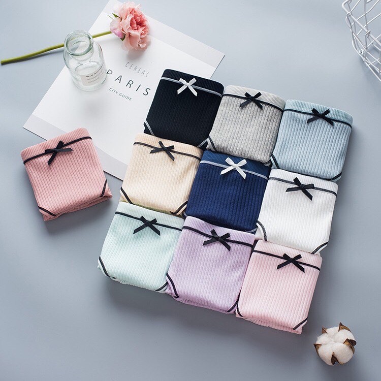 Combo 10 Quần lót nữ cotton gân tăm viền nơ ĐEN thấm hút mồ hôi