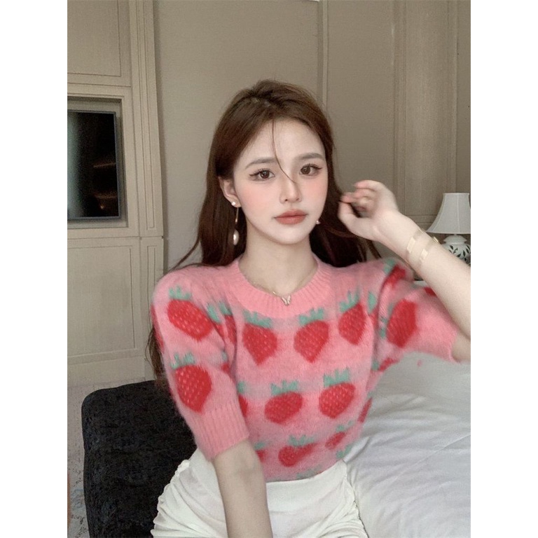 Áo sweater Dệt Kim In Hình Dâu Tây Xinh Xắn Cho Nữ