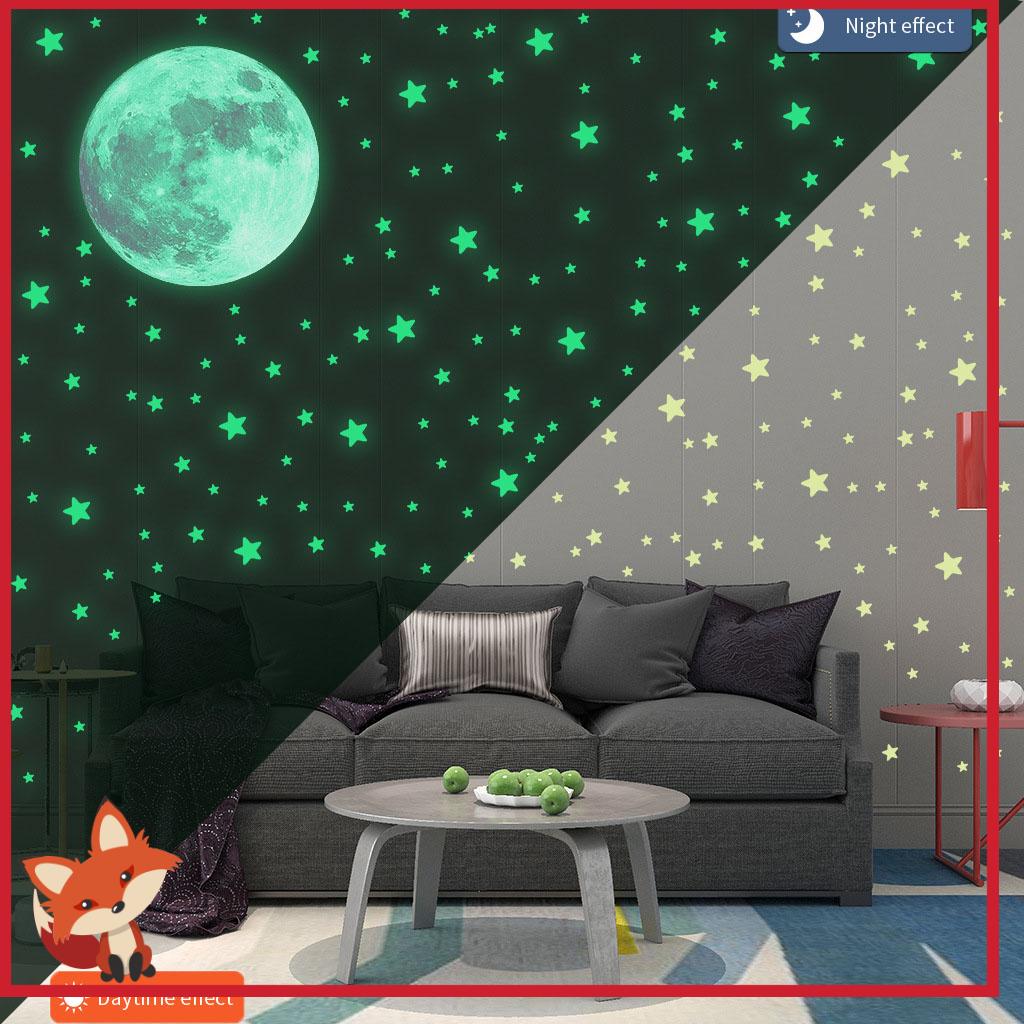 Giấy Dán Tường Hình Mặt Trăng Và Ngôi Sao Màu Dạ Quang 3D Trang Trí Phòng Ngủ Cho Bé DIY