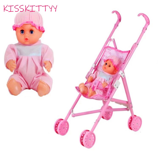 kisskittyy Baby Infant Doll Stroller Carriage Foldable with Doll for 12inch Doll Mini Stroller Toys Gift Pink