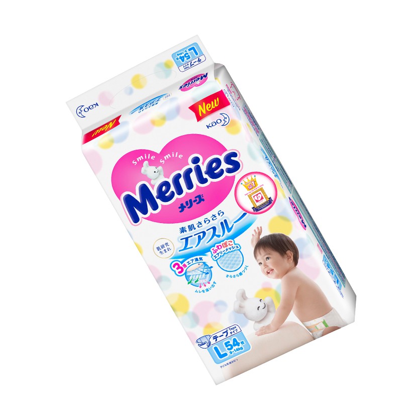 Tã/bỉm dán Merries size L - 54 miếng (Cho bé dưới 9-14 kg)