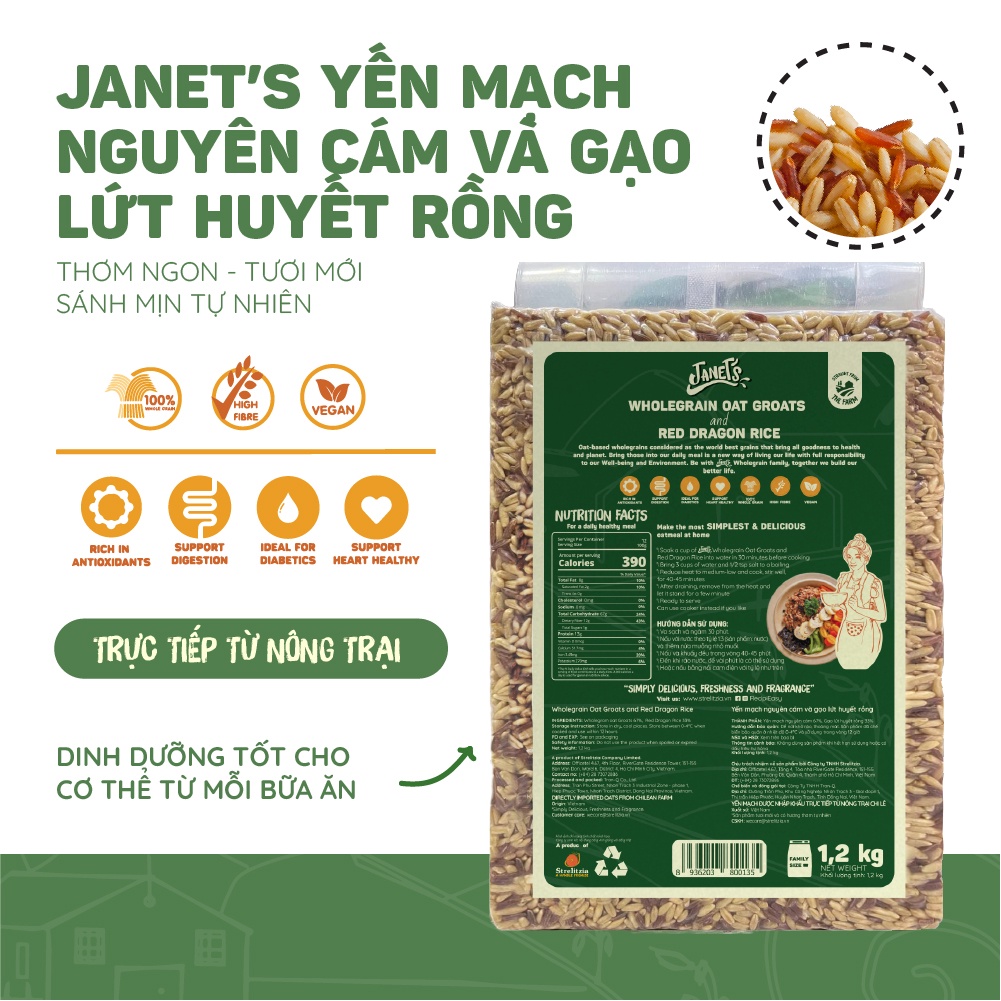 Yến mạch nguyên cám và gạo lứt huyết rồng Janet's 1.2kg