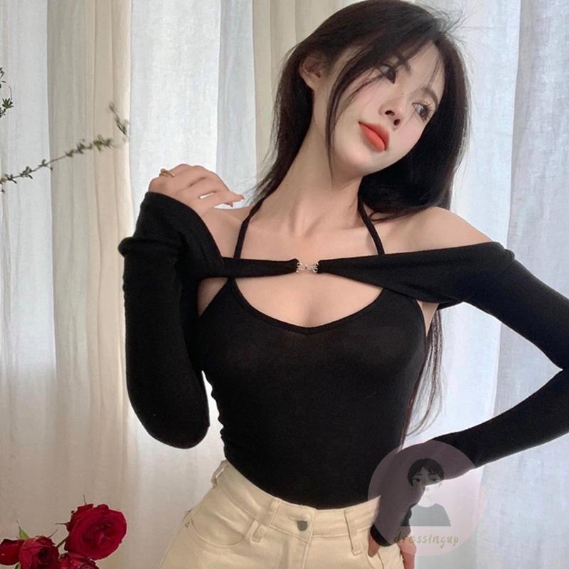 Áo Croptop Tay Dài Cổ Yếm Hở Lưng Có Khóa Cài Cho Nữ