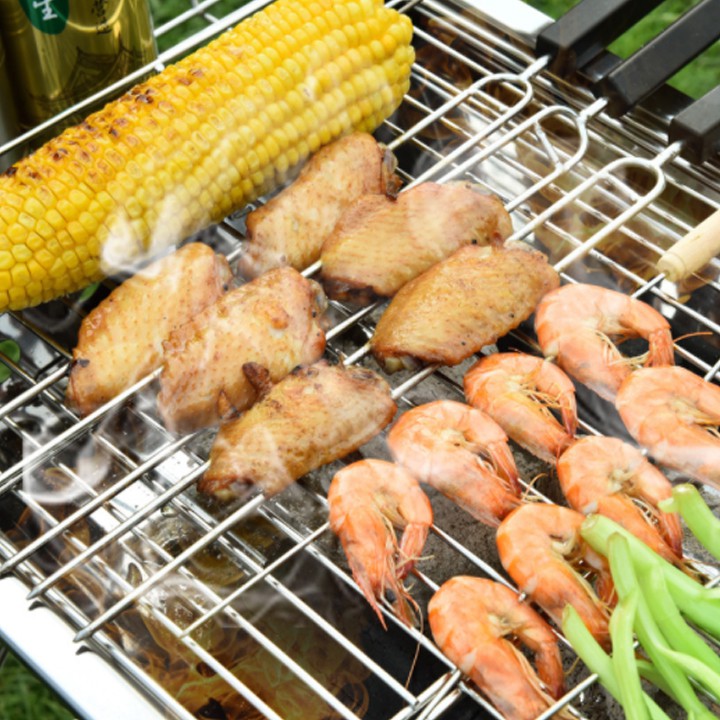 Bếp nướng BBQ Bếp nướng than hoa ngoài trời có thể gấp gọn Chất liệu inox không gỉ chân cao kèm phụ kiện