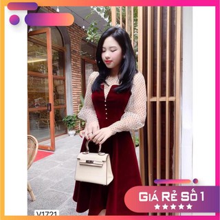 Bán sỉ váy nhung đỏ cổ v lưới xòe nữ