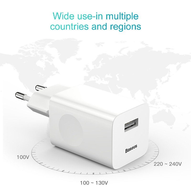 Củ sạc nhanh Baseus Travel Quick Charge 3.0 24W sạc 50% trong 30 phút cho Samsung , Xiaomi, Huawei