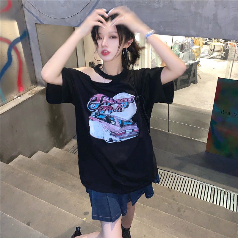 Áo Thun COZOK Tay Ngắn Dáng Rộng Trễ Vai In Họa Tiết Kiểu retro Cá Tính