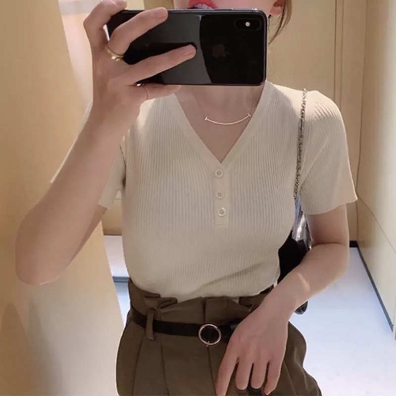 Áo len ngắn tay cổ V cúc ngực Ulzzang style  Hàng Quảng Châu