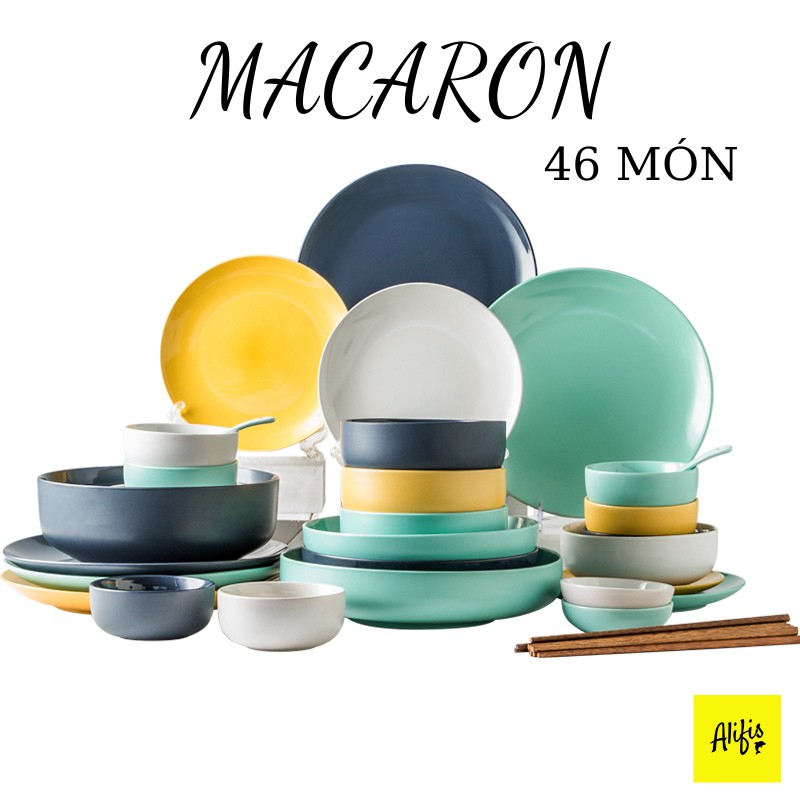 Bộ bát đĩa, bộ bát đĩa sứ Macaron 46 món cho 6-10 người nhiều màu phong cách Bắc Âu - phụ kiện bàn ăn-quà tặng tân gia