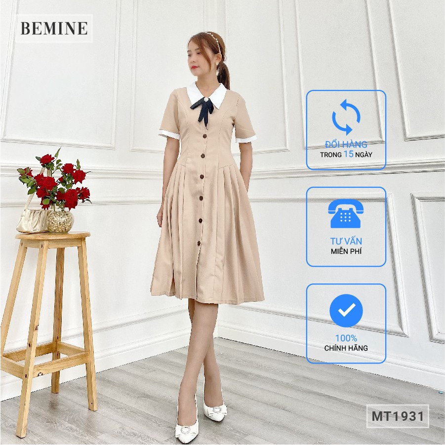 Đầm cổ phối trắng có nơ tùng xếp ly BEMINE MT1931DA