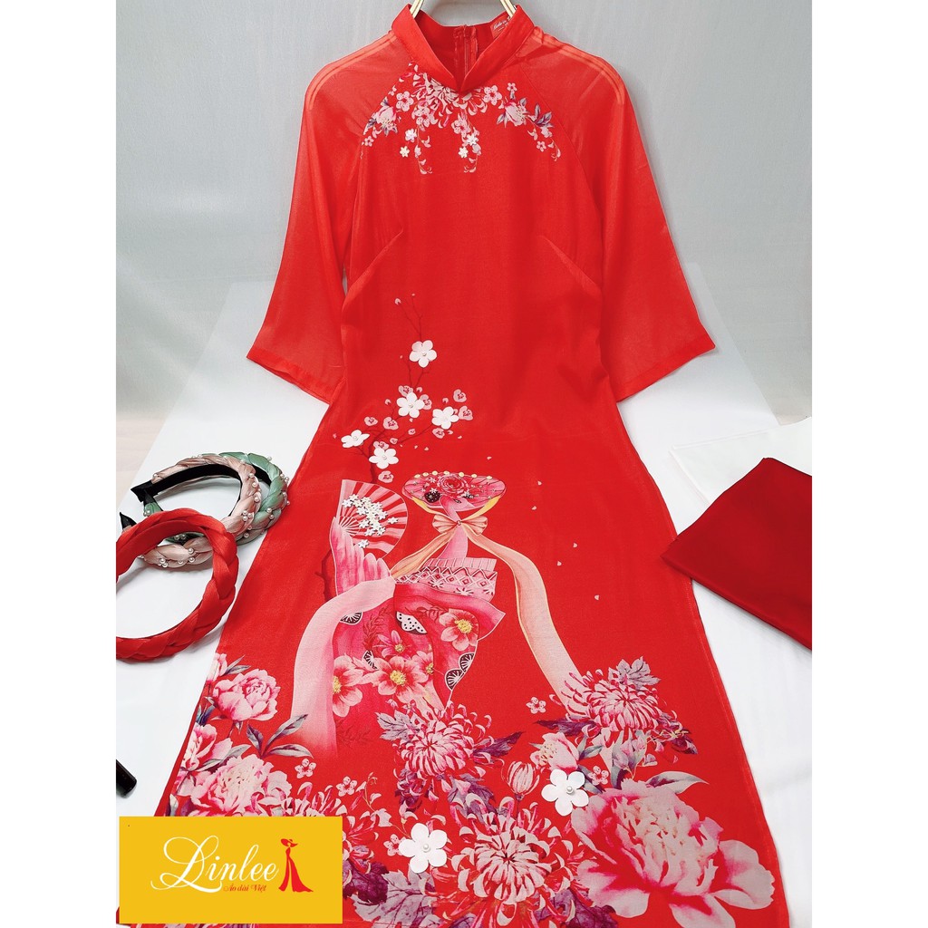 Áo dài lụa LINLEE 🎀FREESHIP🎀Áo dài cách tân đỏ in họa tiết độc đáo