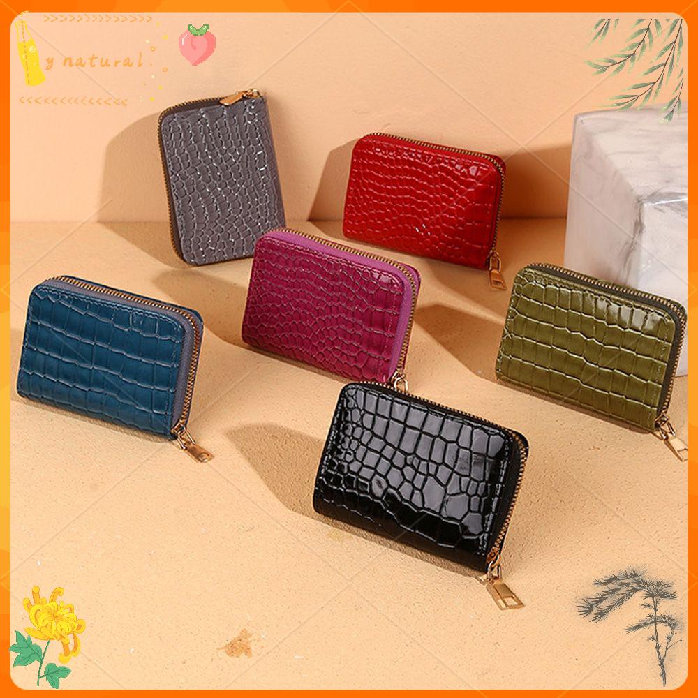 YNATURAL Men Women Change Bag Organ Style Crocodile Credit Card Bags Solid Color Zipper PU Leather Card Holder Card Coin Wallet/Multicolor