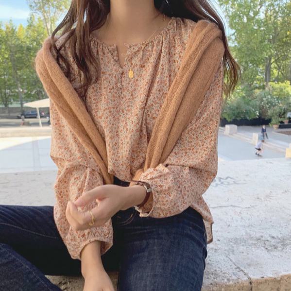 Áo Sơ Mi Chiffon Tay Dài Cổ Tròn Dáng Rộng In Hoa Nhỏ Kiểu Hàn Quốc Hàng Mới Dành Cho Bạn Nữ