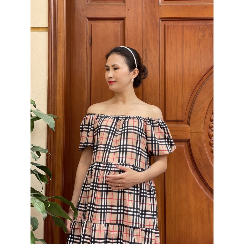 Váy bầu trễ vai bánh bèo nhiều họa tiết, chất kate ý mềm mát V270