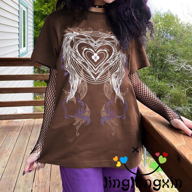 WUVintage Brown Graphic Print Oversized T-Shirt E-girl Gothic Punk Hip Hop Pullovers Tees Y2K Retro Harajuku