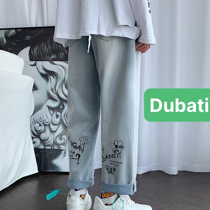 QUẦN BAGGY JEAN NAM ỐNG RỘNG CHẤT BÒ XANH THÊU CHÂN SAU THOÁNG MÁT, CO GIÃN DB 0566- DUBATI FASHION