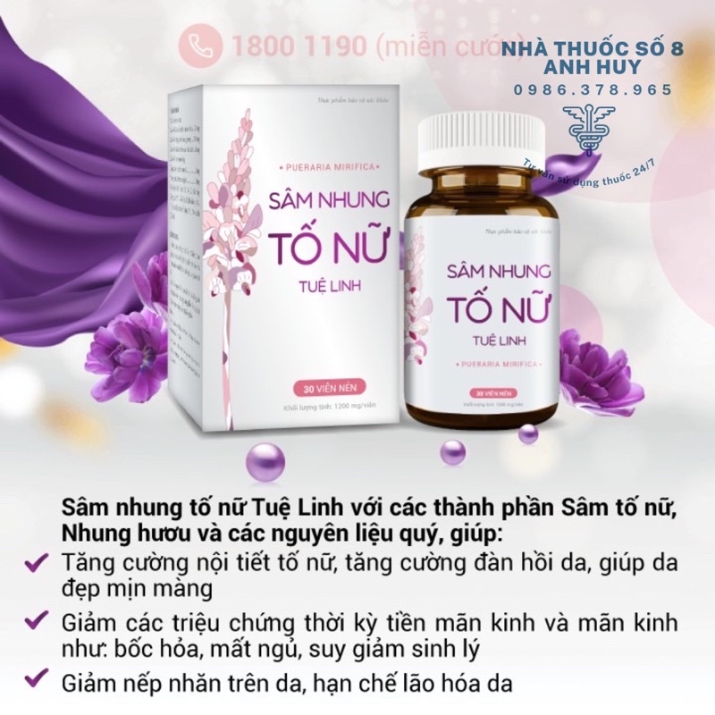 Sâm nhung tố nữ Tuệ Linh- Bổ sung nội tiết tố, cải thiện sinh lý nữ, đẹp da - Lọ 30 viên