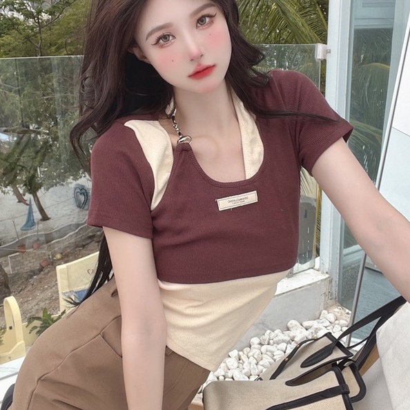 【ZHELIHANGFEI】 Áo Thun Tay Ngắn Giả Hai Lớp Màu Sắc Tương Phản