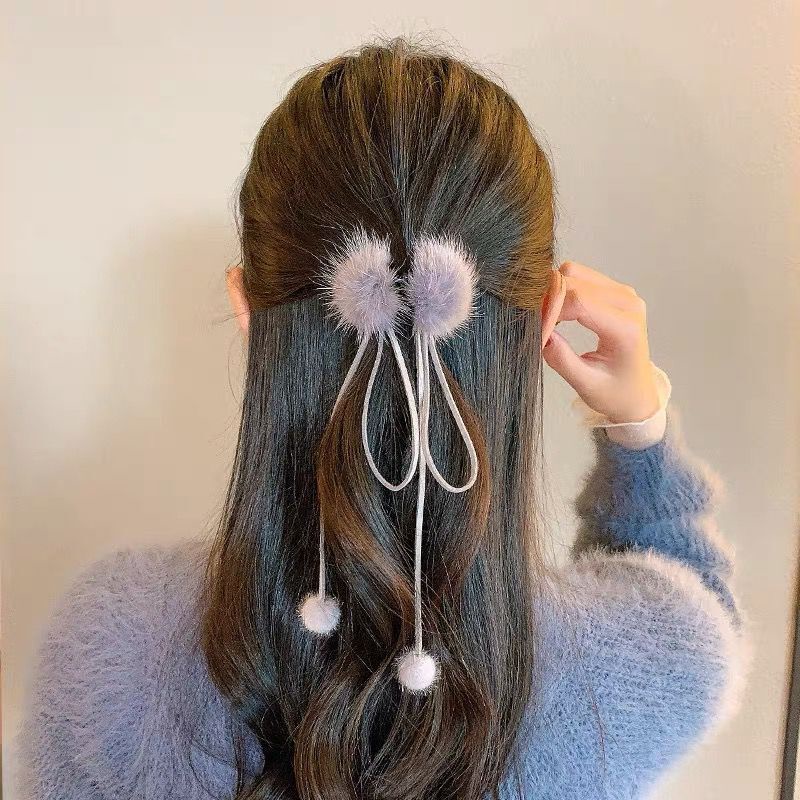 Kẹp tóc càng cua CHLINS đính nơ phối lông tua rua dễ thương dành cho bạn gái