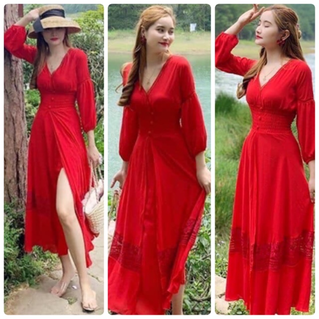 ĐẦM MAXI ĐỎ XẺ TÀ (KÈM HÌNH THẬT)