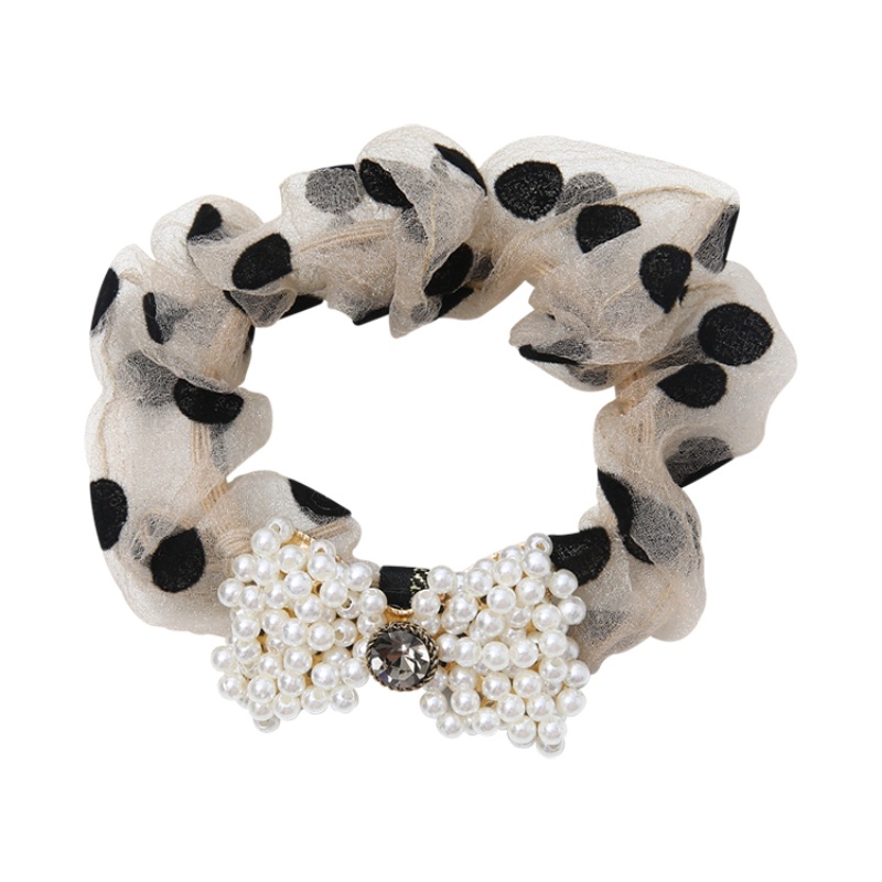 Dây Cột Tóc Nơ Họa Tiết Chấm Bi Đen Đính Ngọc Trai Phong Cách Hàn Quốc