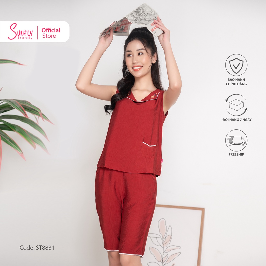 Bộ đồ mặc nhà nữ linen SUNFLY áo sát nách quần trên gối ST8831