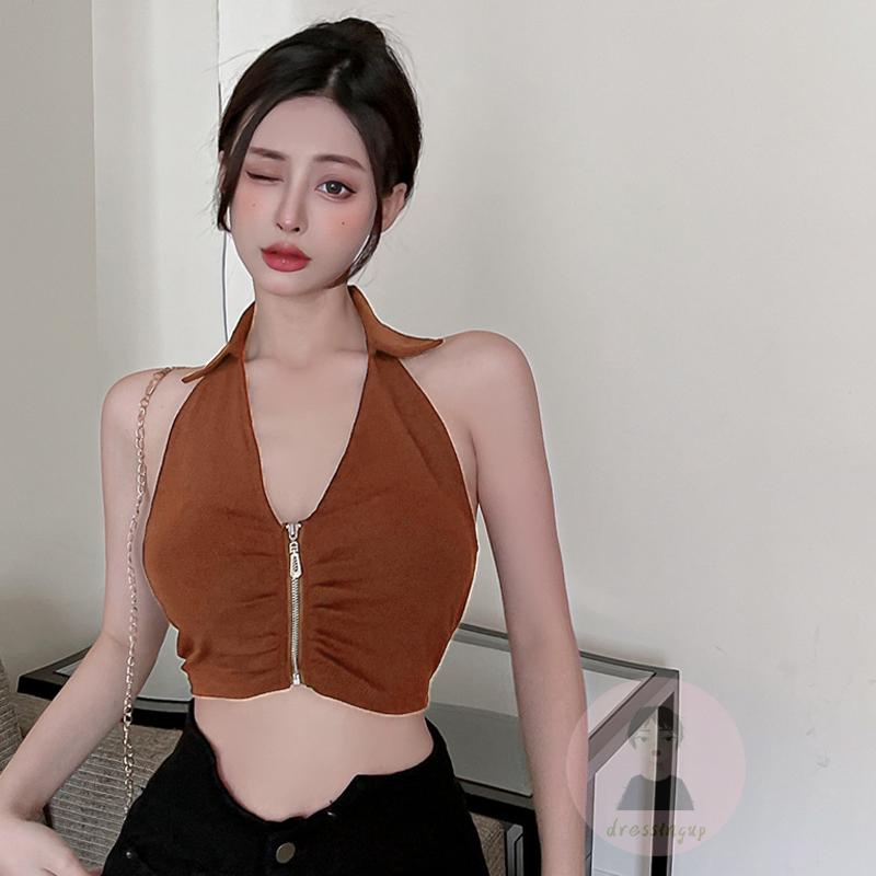 Áo Thun Ba Lỗ Cổ Chữ V Màu Trơn Có Khóa Kéo Thời Trang Mùa Hè Cho Nữ