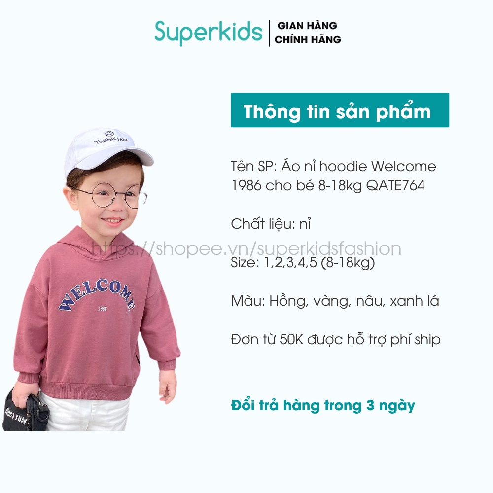 Áo nỉ hoodie Welcome 1986 cho bé 8-18kg QATE764