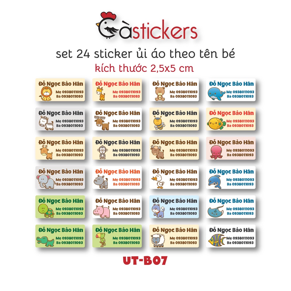 Sticker ủi áo in tên trẻ em GaStickers UT-B07 bộ 24 miếng kích thước 2,5 x 5 cm